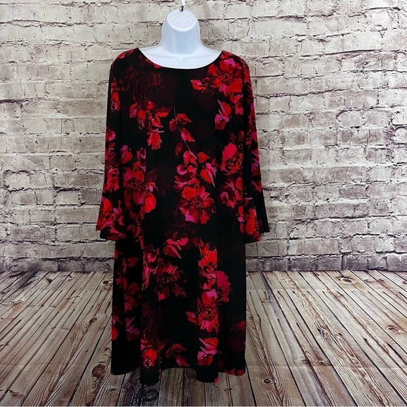 Tommy Hilfiger Black Red Floral Bell Sleeve Shift Dress - Picture 1 of 11